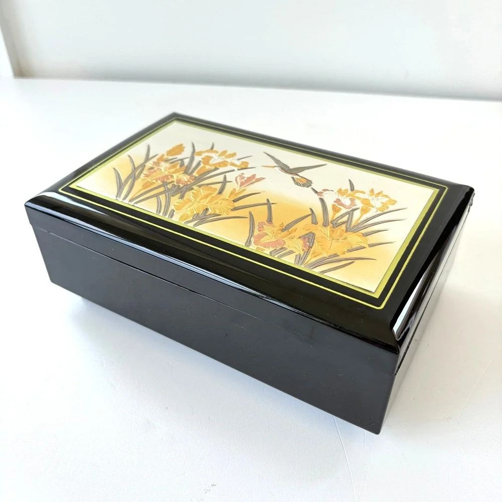 Vintage Japanese Black Lacquer Chokin Music Jewelry Box Hummingbird Iris Flower
